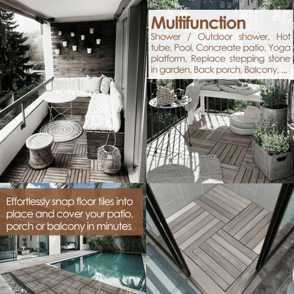 Teal Crius hardwood interlocking patio deck tiles installed outdoors for stylish home decor, showing natural wood grain and easy installation.