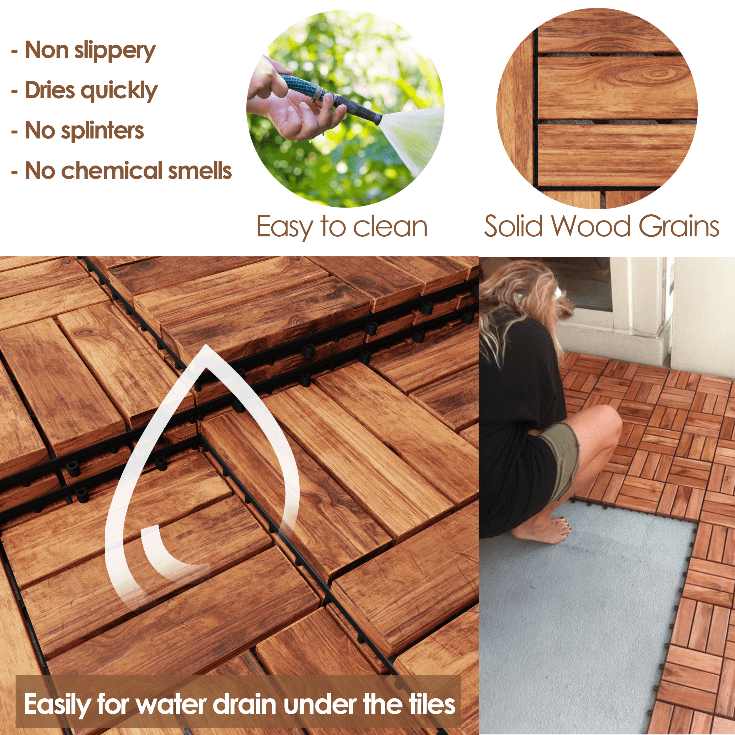 Teal Crius hardwood interlocking patio deck tiles installed on outdoor flooring, showcasing easy-to-assemble home decor.