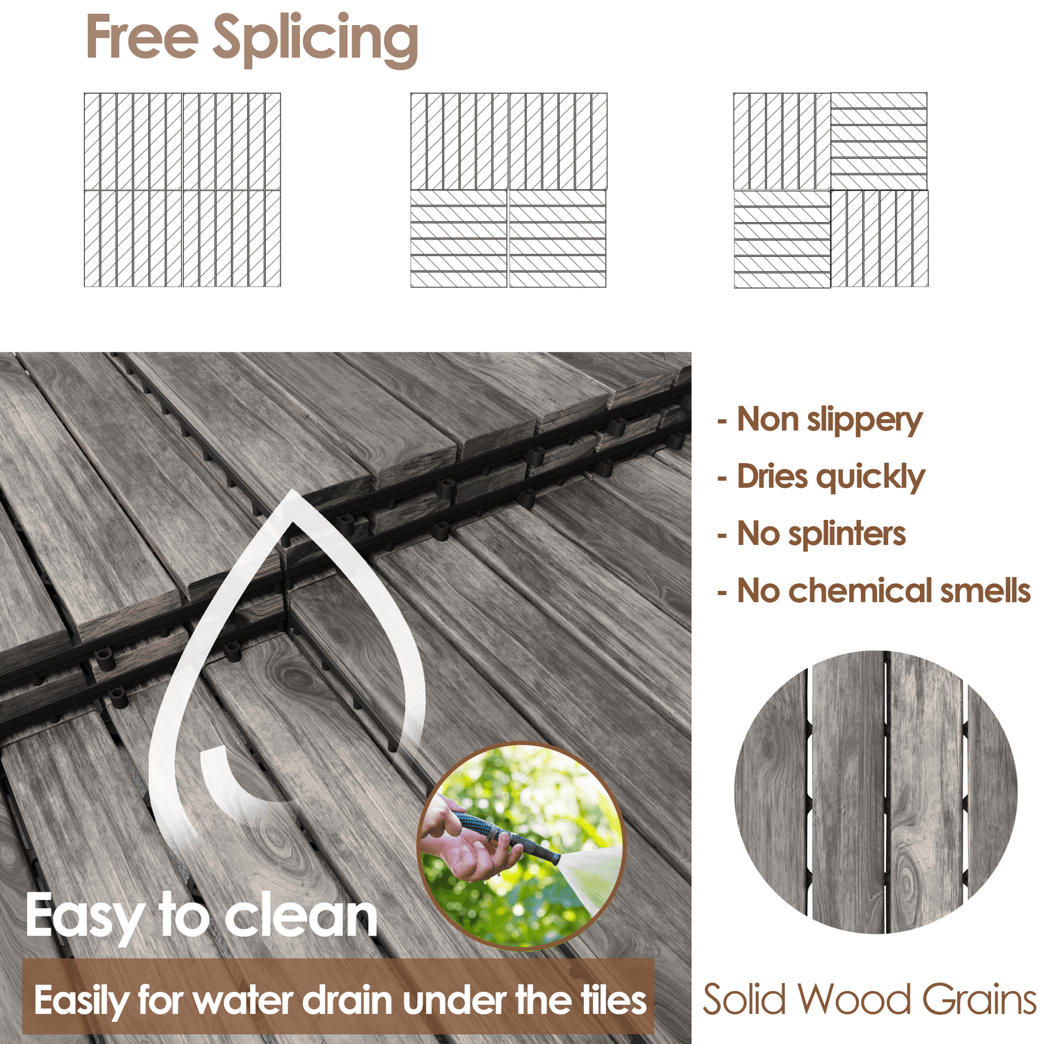 Teal Crius hardwood interlocking patio deck tiles arranged outdoors, showcasing easy installation and natural wood finish for home decor.