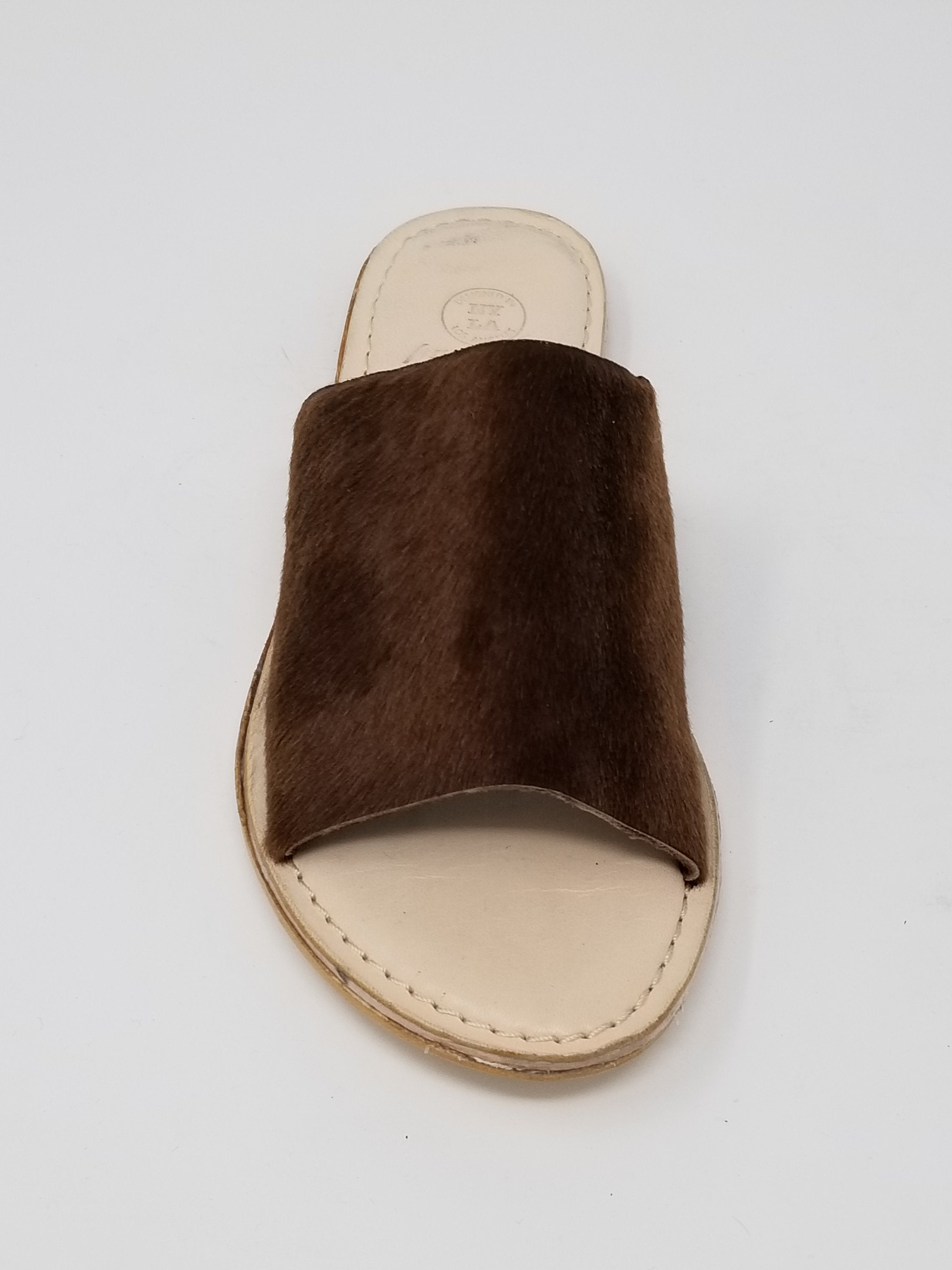 Azure Ophion Laguna brown calf hair footwear front view showing stylish, textured leather design with sleek silhouette.