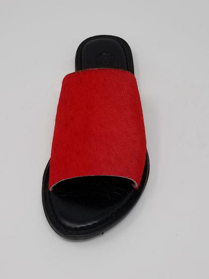 Azure Ophion Laguna red calf hair footwear shown from the front view, highlighting the stylish design and textured material.