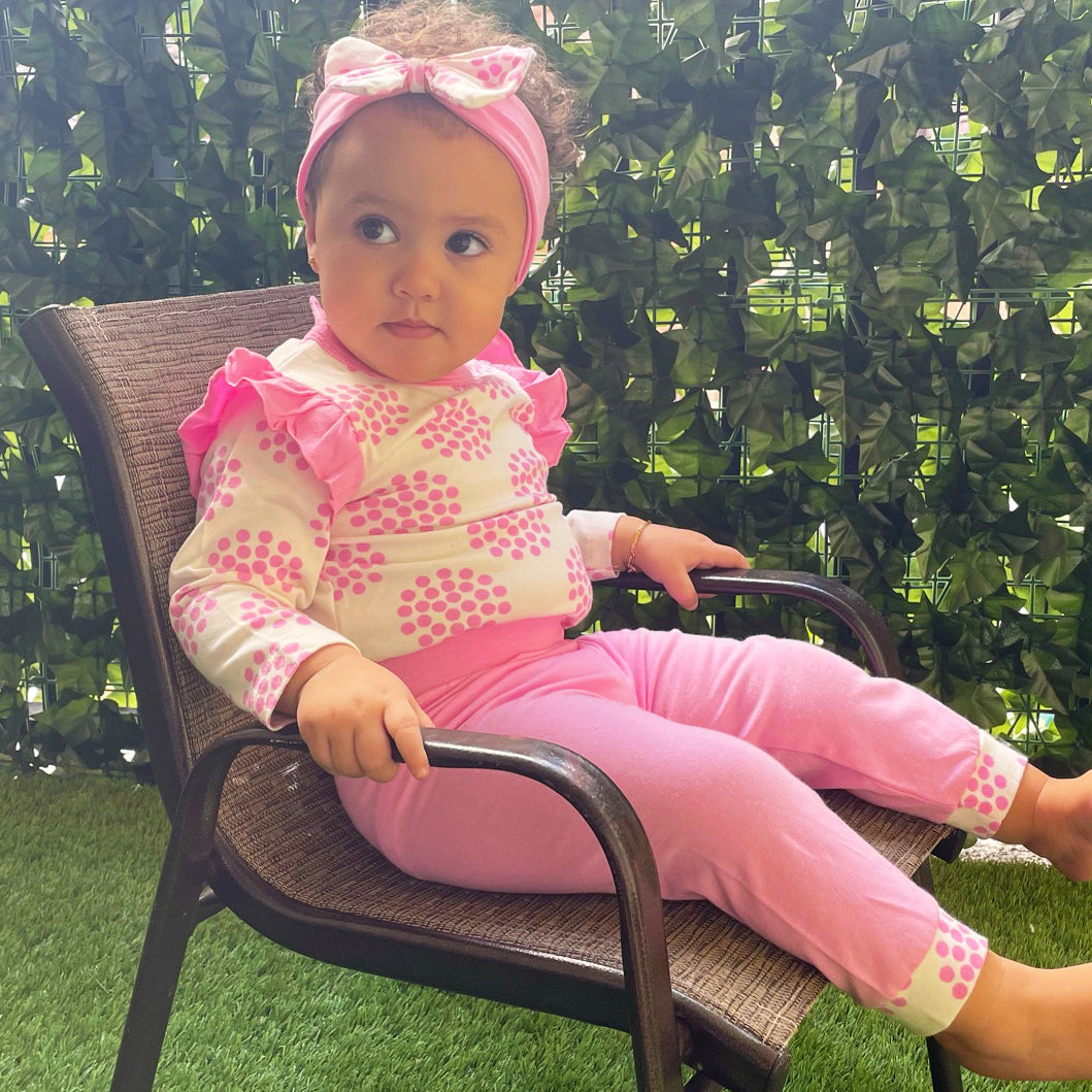 Black Simba baby girl pink polka dot layette set with onesie, pants, and headband, perfect for comfortable kid&