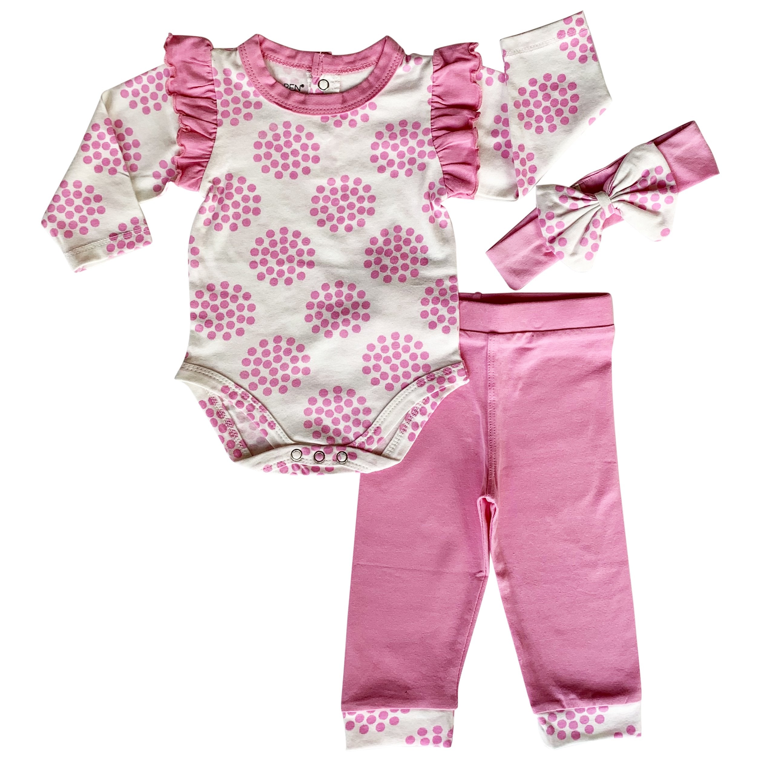 Pink polka dot baby girls layette set with onesie, pants, and headband by Black Simba, perfect for newborns and infants.