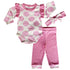 Pink polka dot baby girls layette set with onesie, pants, and headband by Black Simba, perfect for newborns and infants.