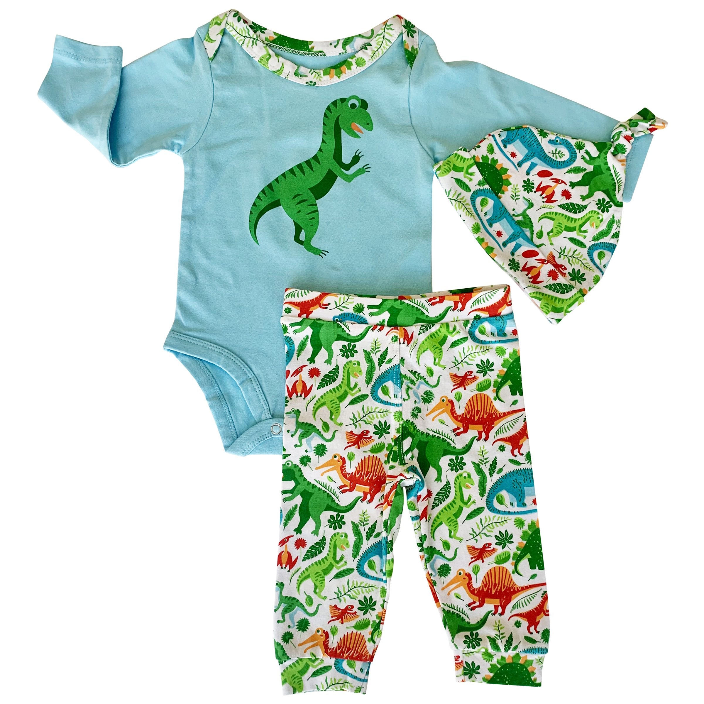 Black Simba AnnLoren baby boy dinosaur layette set with long sleeve onesie, pants, and cap featuring cute T-Rex print.