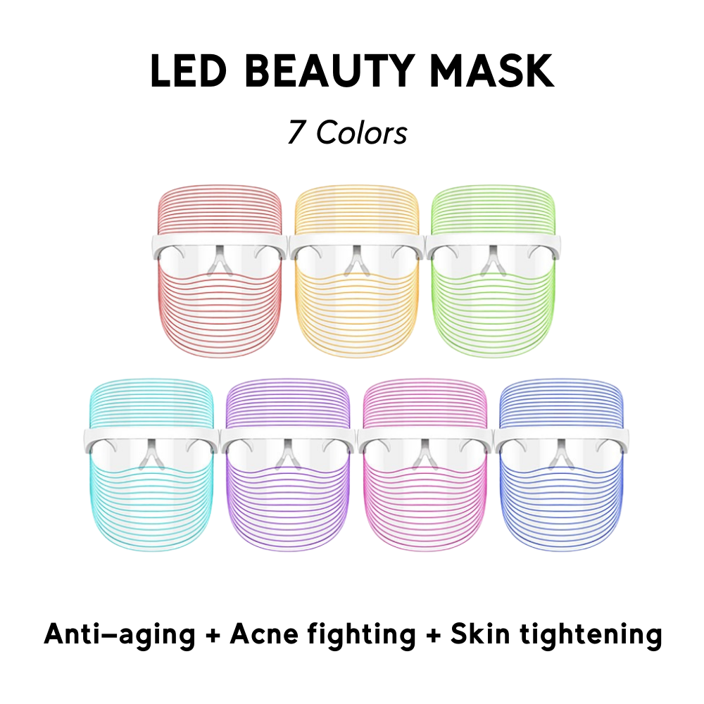 Pear Aphrodite LPURE SOL. Beauty ED Light Therapy Skin Mask with LED shield displaying seven color options for skin treatment.