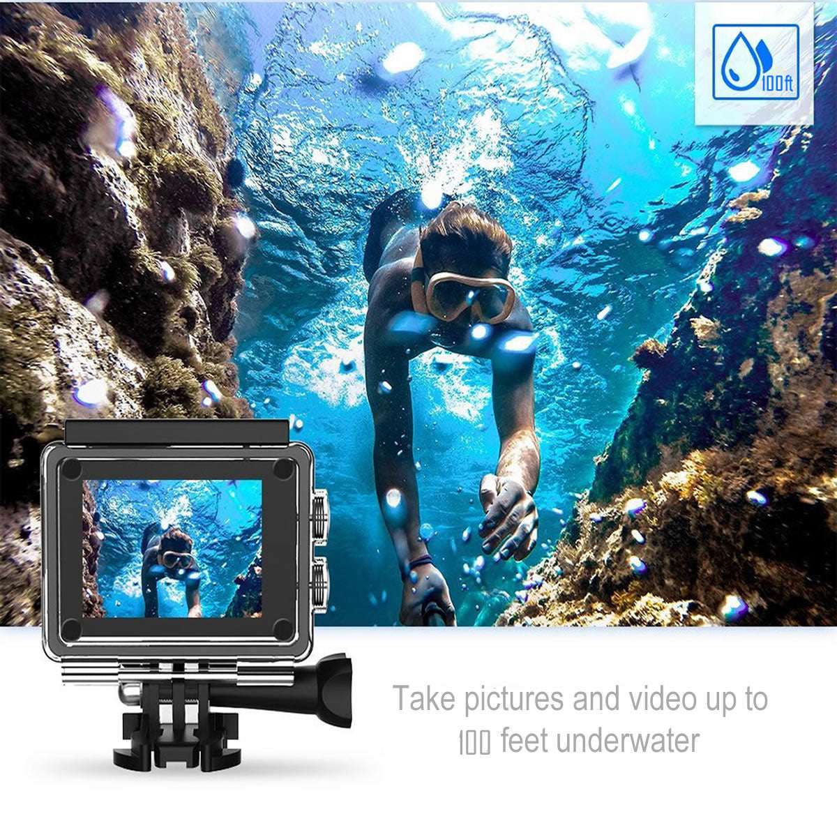 Salmon Lucky 4K waterproof digital UHD WiFi camera with RF remote and accessories, showing camera lens, remote, and cables.