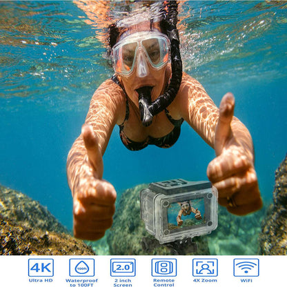 Salmon Lucky 4K waterproof digital UHD WiFi camera with RF remote and accessories, showcasing camera lens and accessories in the image.