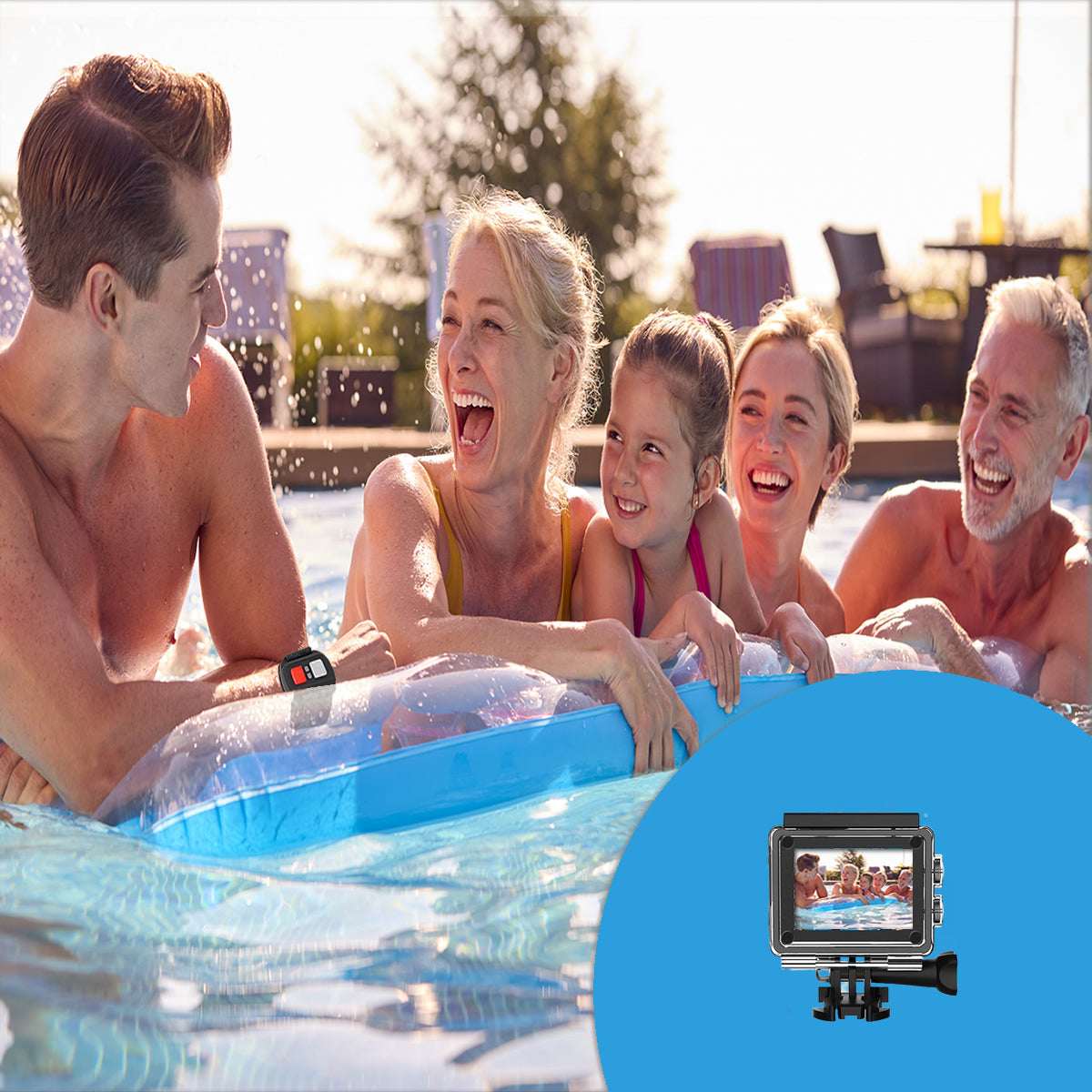 Salmon Lucky 4K waterproof digital UHD WiFi camera with RF remote and accessories, showing the camera and remote in a close-up shot.