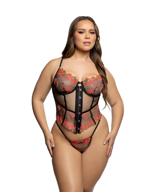 Brown Sooty Midnight Rose 2-piece corset set featuring lace details and satin finish, designed for elegant lingerie wear.