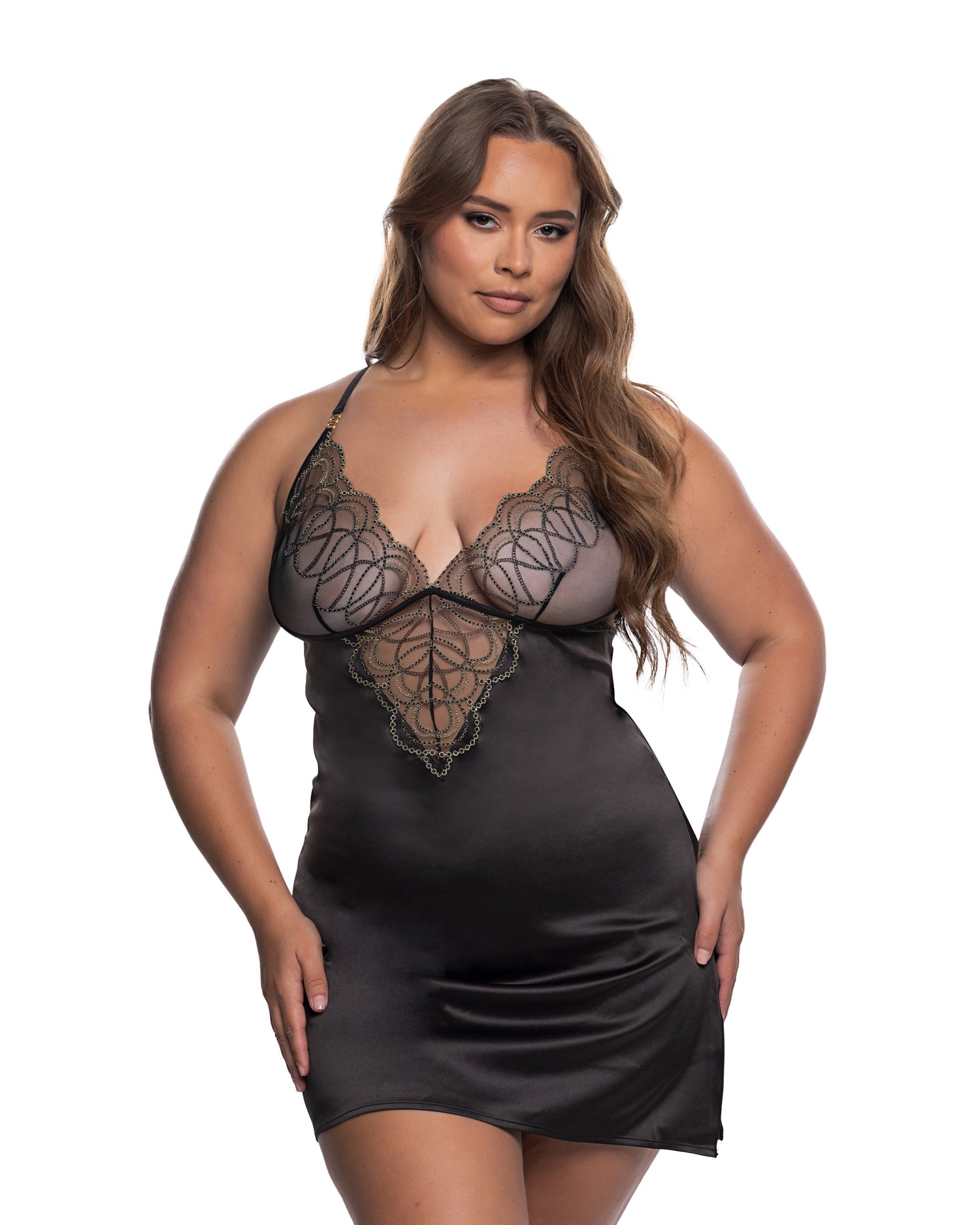 Brown Sooty Beaded Belle Chemise lingerie with delicate beaded details, sheer fabric, and adjustable straps.