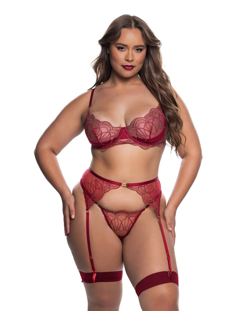 Beaded Belle 3-piece garter set by Brown Sooty featuring wine-colored beaded details and elastic straps for women.