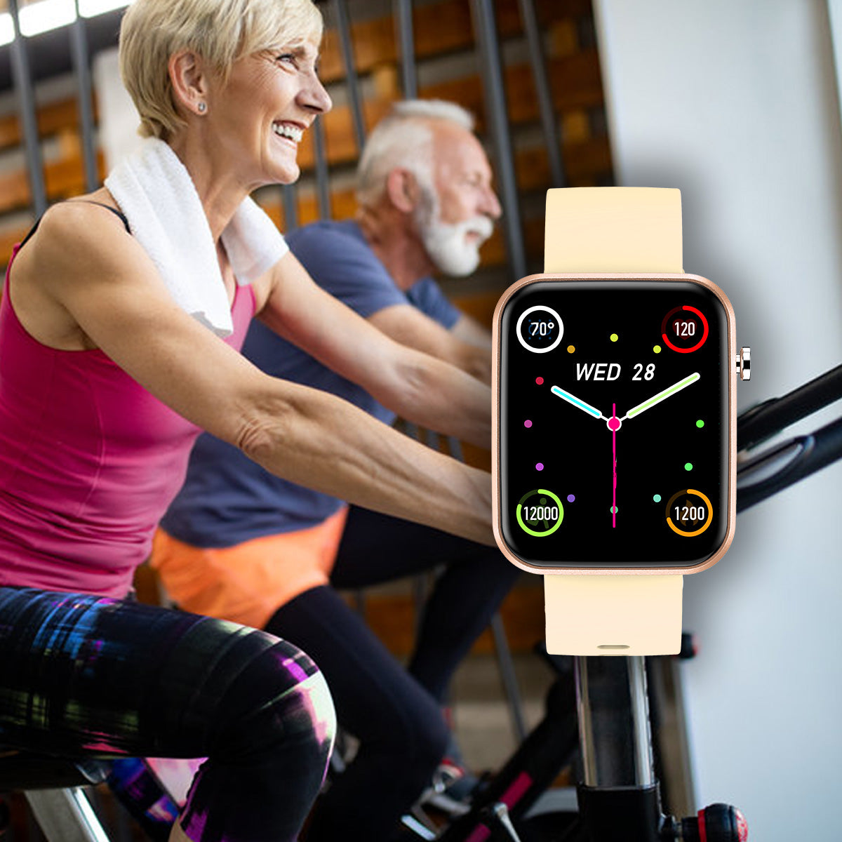 Salmon Lucky advanced smartwatch with three interchangeable bands and wellness activity tracker on a person’s wrist.