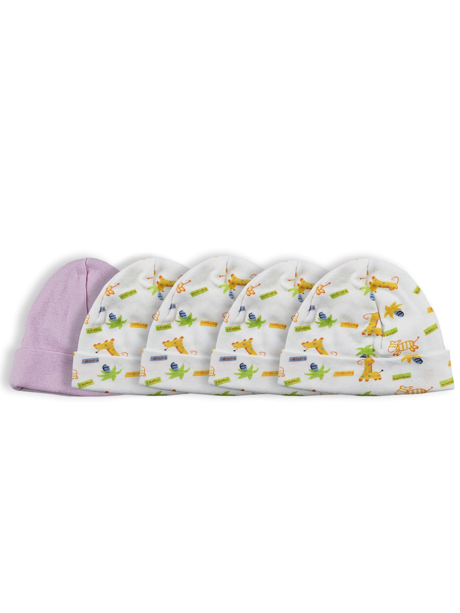 Set of five Emerald Clover Bambini girls baby caps, soft fabric with colorful patterns, perfect for infants and young children.