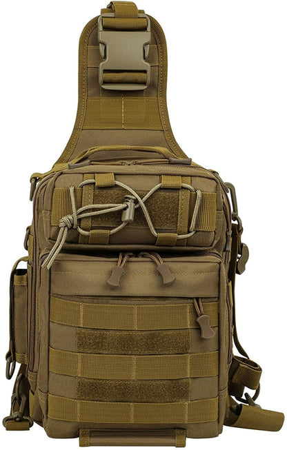 Khaki waterproof fishing tackle backpack by Amethyst Osage with multiple compartments for outdoor gear storage.
