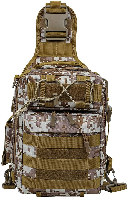 Waterproof LUXHMOX fishing tackle backpack by Amethyst Osage with camo design, outdoor gear storage for anglers.