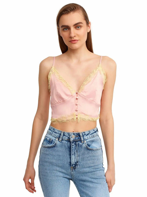 Lace detailed crop top by Ruby Dionysus featuring intricate lace design and fitted style, perfect for stylish women&