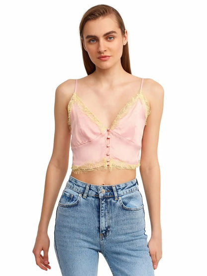 Lace detailed crop top by Ruby Dionysus featuring intricate lace design and fitted style, perfect for stylish women&