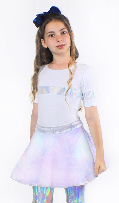 Kids Lana Galaxy scuba bell skirt by Sky Blue Beech, featuring a colorful galaxy print and a flared, stylish design.
