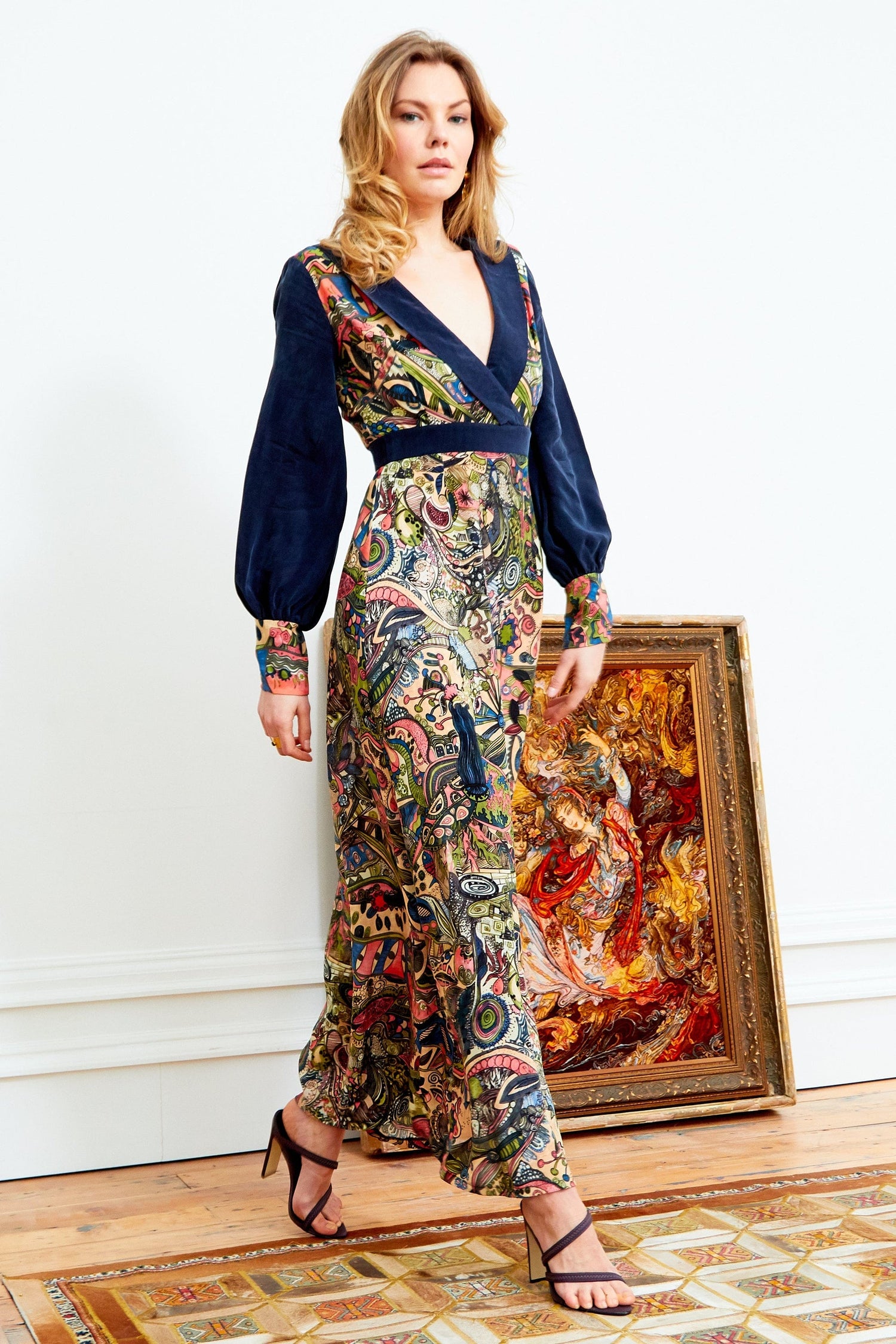 Hand-painted Persian print long sleeve maxi dress by Blush Athena, featuring vibrant colors and flowing fabric.
