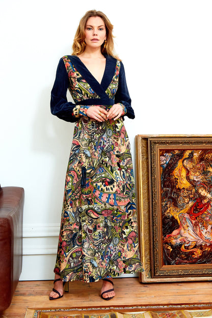 Hand-painted Persian print long sleeve maxi dress by Blush Athena, featuring vibrant floral patterns and elegant flowing fabric.