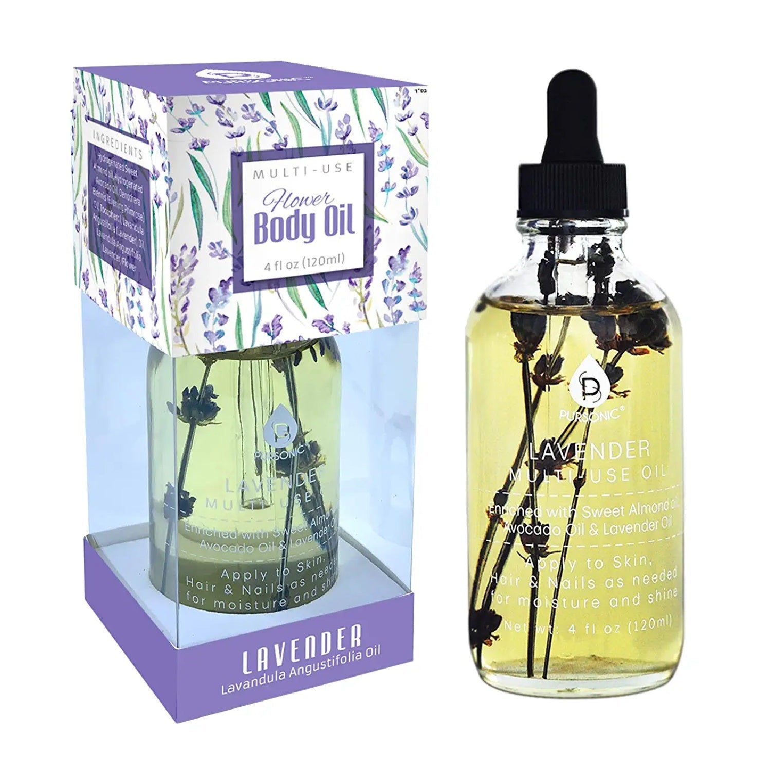 Lavender flower multi-use body oil in a 4 oz bottle from Blush Apollo, showcasing a lavender flower and oil dispenser.