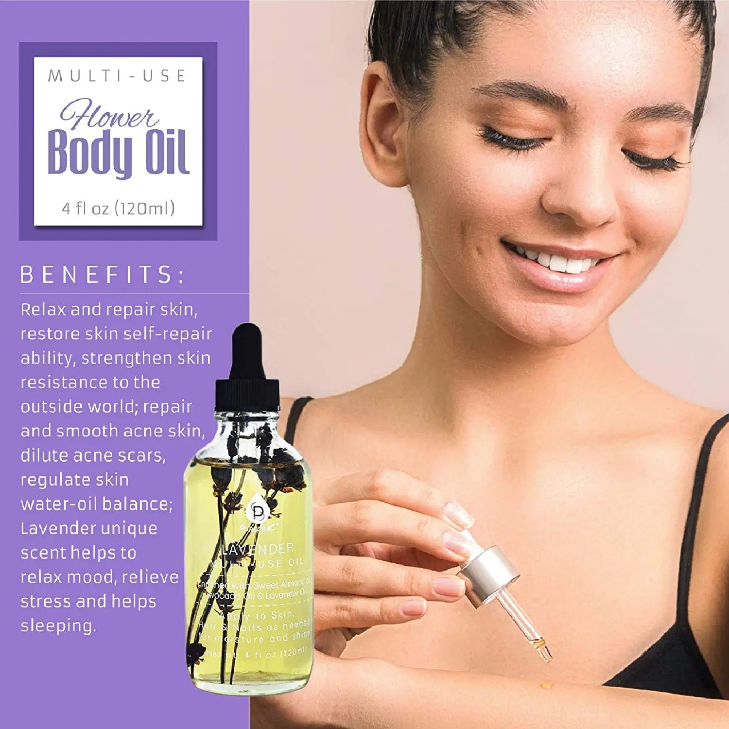 Lavender flower multi-use body oil by Blush Apollo in a 4 oz bottle, featuring a lavender flower with a calming, natural appearance.