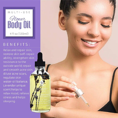 Lavender flower multi-use body oil by Blush Apollo in a 4 oz bottle, featuring a lavender flower with a calming, natural appearance.