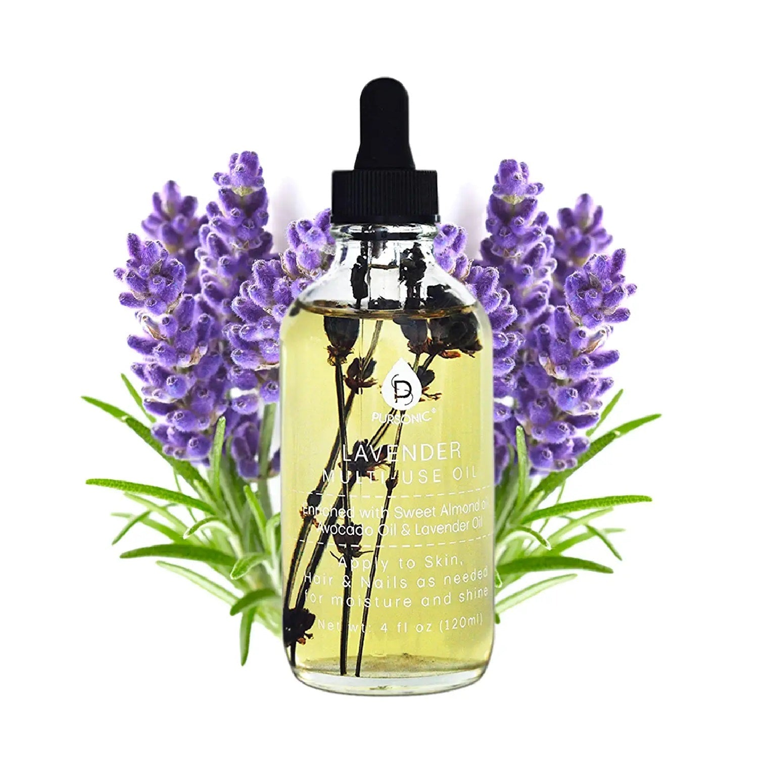 Lavender flower body oil by Blush Apollo in a 4 oz bottle, featuring fresh lavender flowers and a natural, soothing appearance.