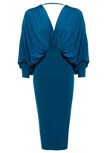 Teal Blush Athena plunging front midi dress displayed on a model, showcasing its elegant design and fitted silhouette.