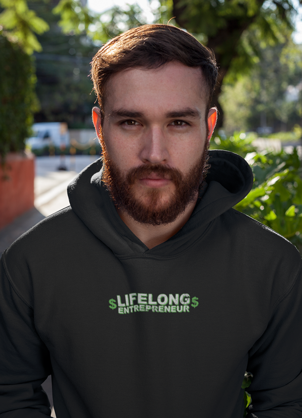 Black Scorpius Life Long Entrepreneur hoodie featuring bold printed logo on the front, cozy sweater for entrepreneurs and creators.