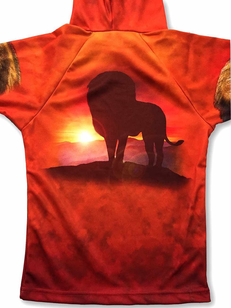 Back view of the Lion Jungle Master Sport Shirt for kids by MOUTHMAN®, featuring a lion jungle print in vibrant colors.