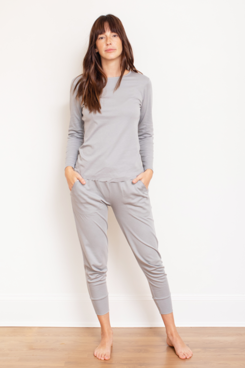 Soft grey PIMA long sleeve jogger set by Orchid Tartarus, comfortable sleepwear with relaxed fit and cozy fabric.