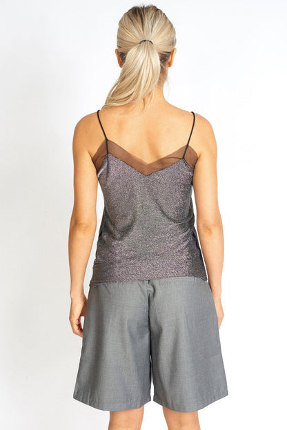 Grey loose cut cloth Bermuda shorts by Azure Thanatos displayed on a hanger with a relaxed fit and casual style.