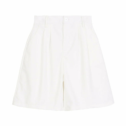 White loose cut cloth Bermuda shorts by Azure Thanatos, showing relaxed fit and casual style on a plain background.