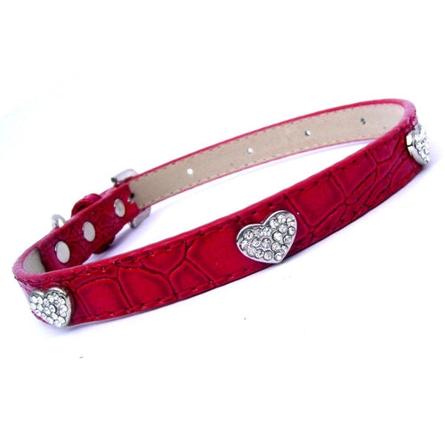 Red Love Hearts Croc dog collar by Salmon Oscar featuring a textured crocodile pattern and decorative love heart details.
