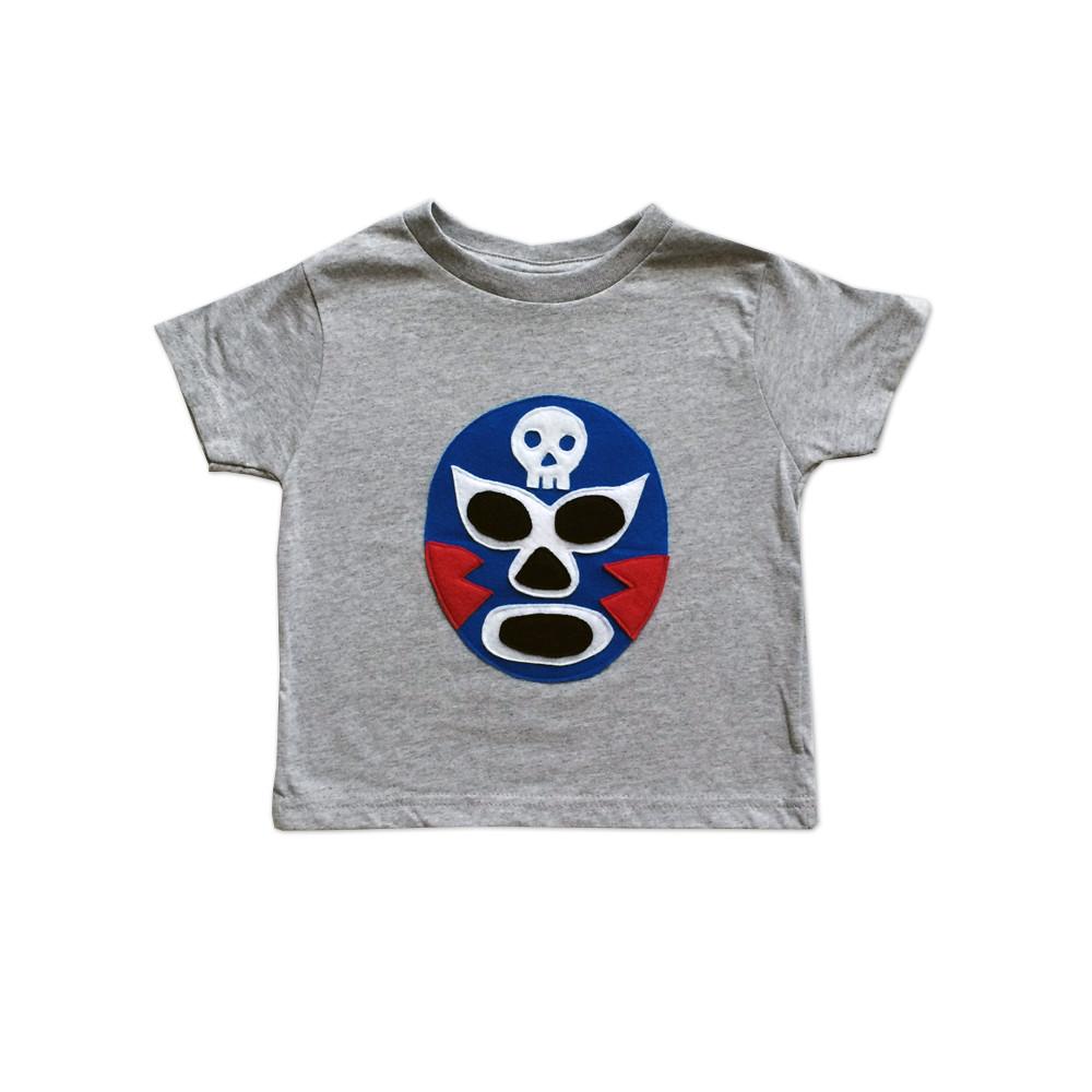 Kids and babies Sky Blue Milo luchador azul T-shirt featuring a colorful luchador design on a toddler-sized shirt.