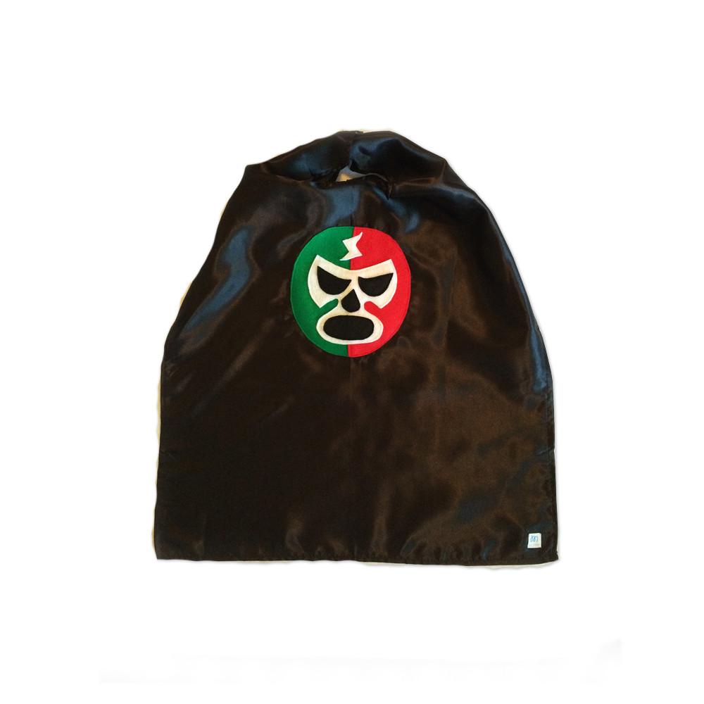 Red and green Mexican wrestler cape for kids, featuring a luchador design from Sky Blue Milo, with black accents.