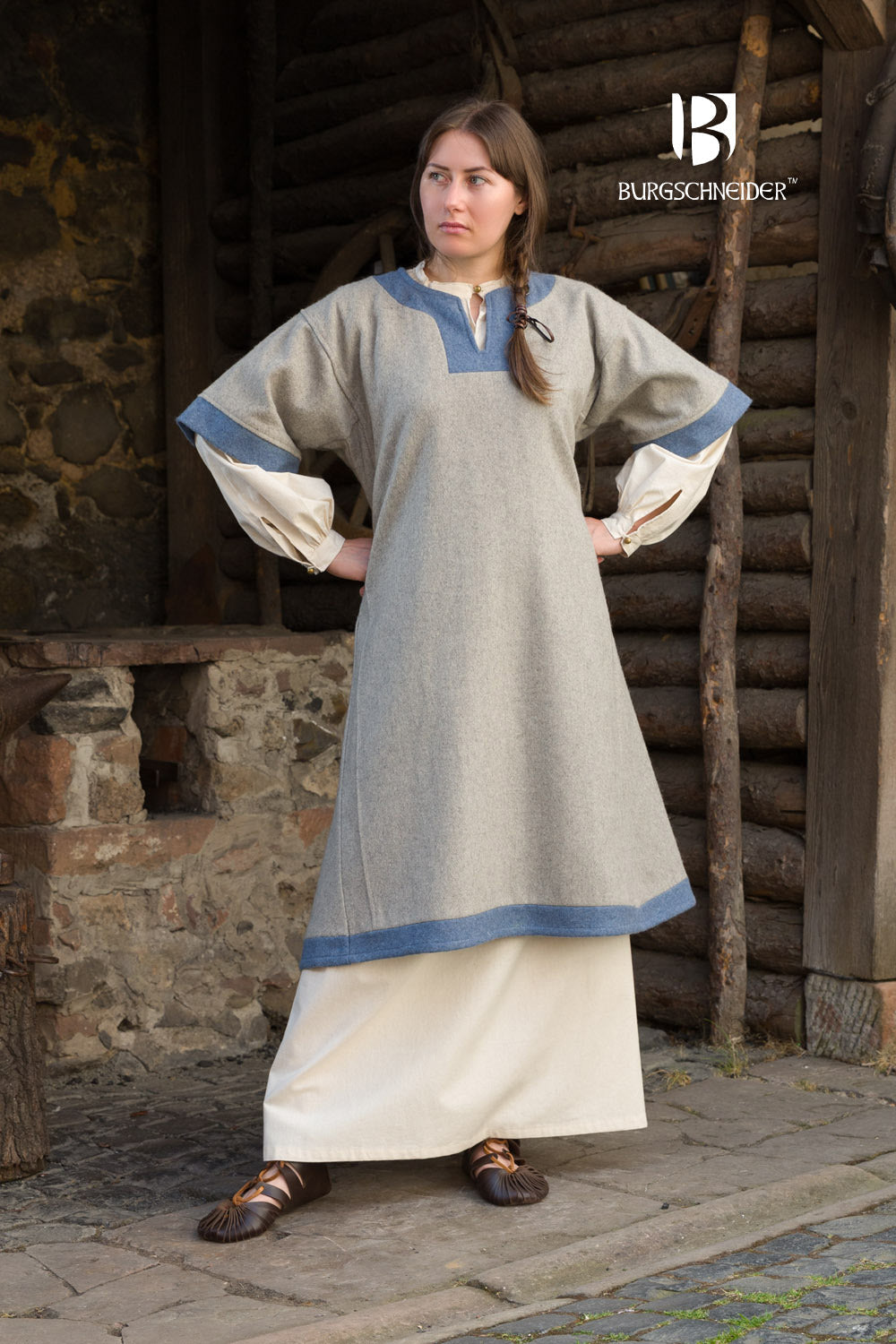 Light grey and light blue Rus Dress Luiza by Azure Briseis, perfect for festivals and parties, shown on a model.