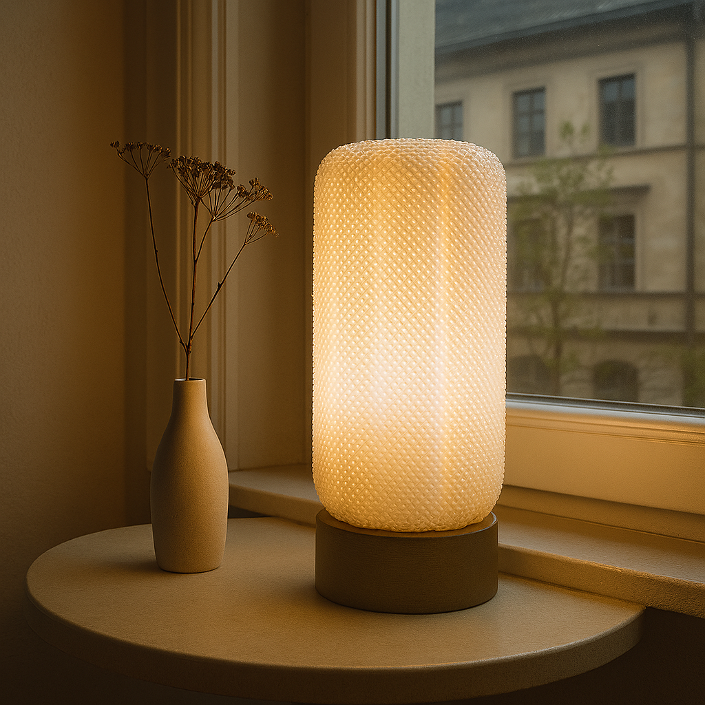 Azure Pontus Lumacore table lamp with sleek, modern design and a white cylindrical shade on a wooden base.