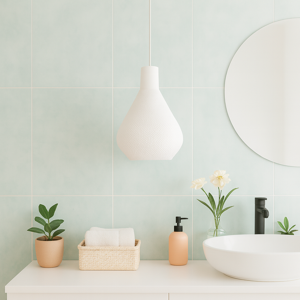 Azure Pontus Lumisera pendant lamp hanging with a sleek, modern design, featuring a smooth circular shape and warm lighting.