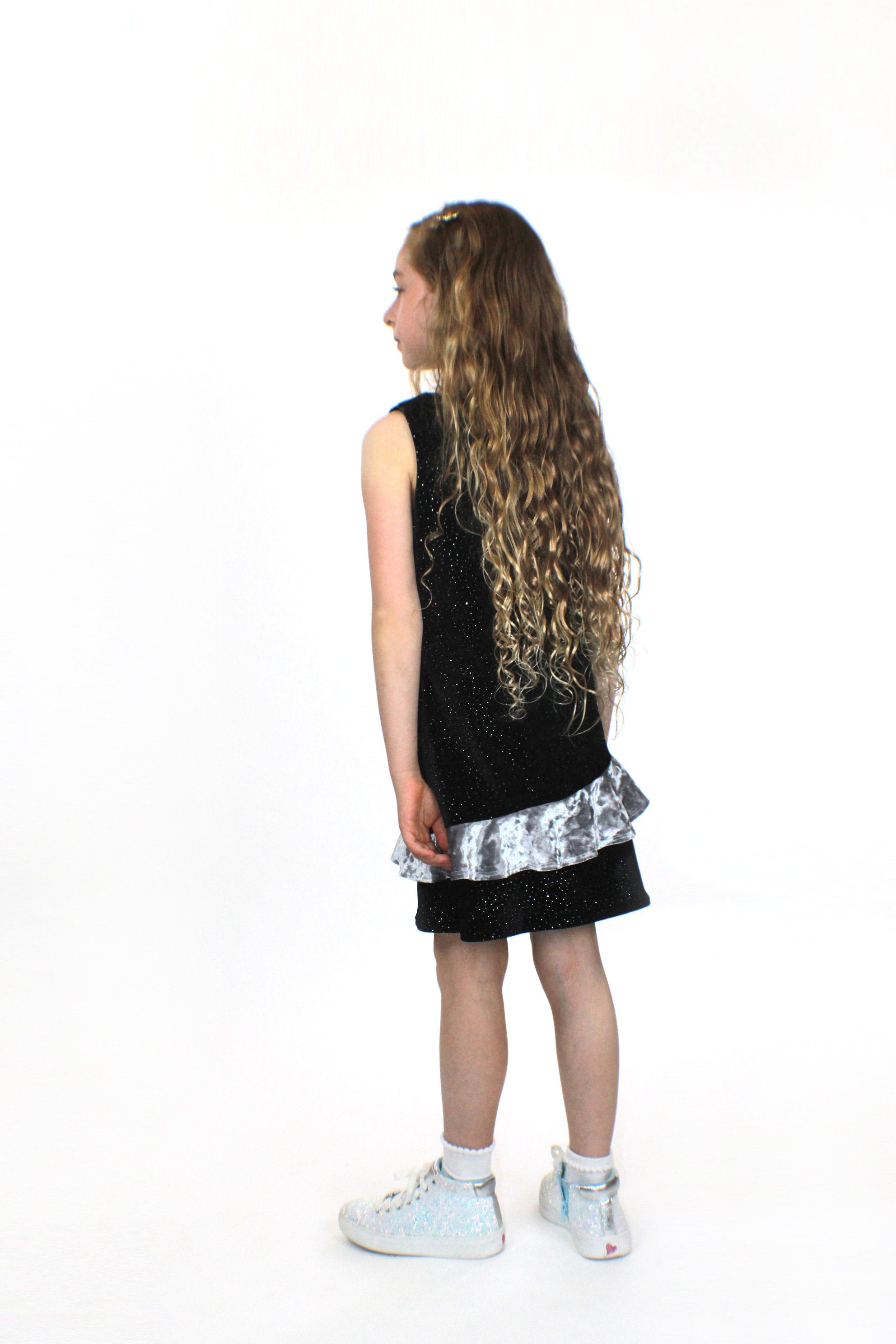 Kids and babies glitter velvet dress named Luna by Sky Blue Beech, featuring a sparkly, soft velvet fabric and charming design.