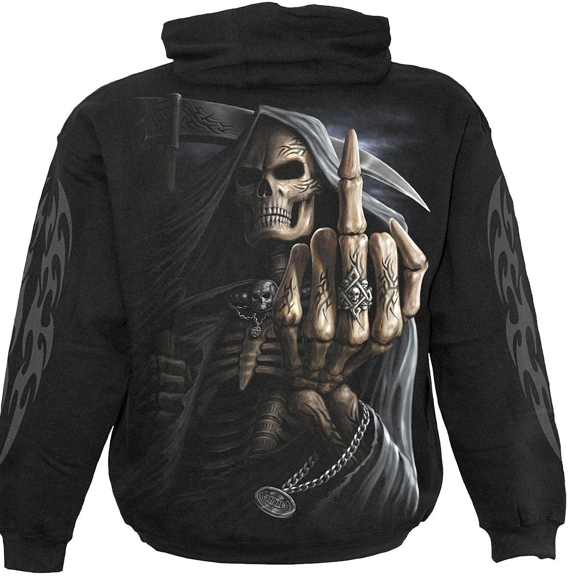 Black Jasper Bone Finger black hoodie featuring a bone finger graphic, cozy sweater with a casual fit and drawstring hood.