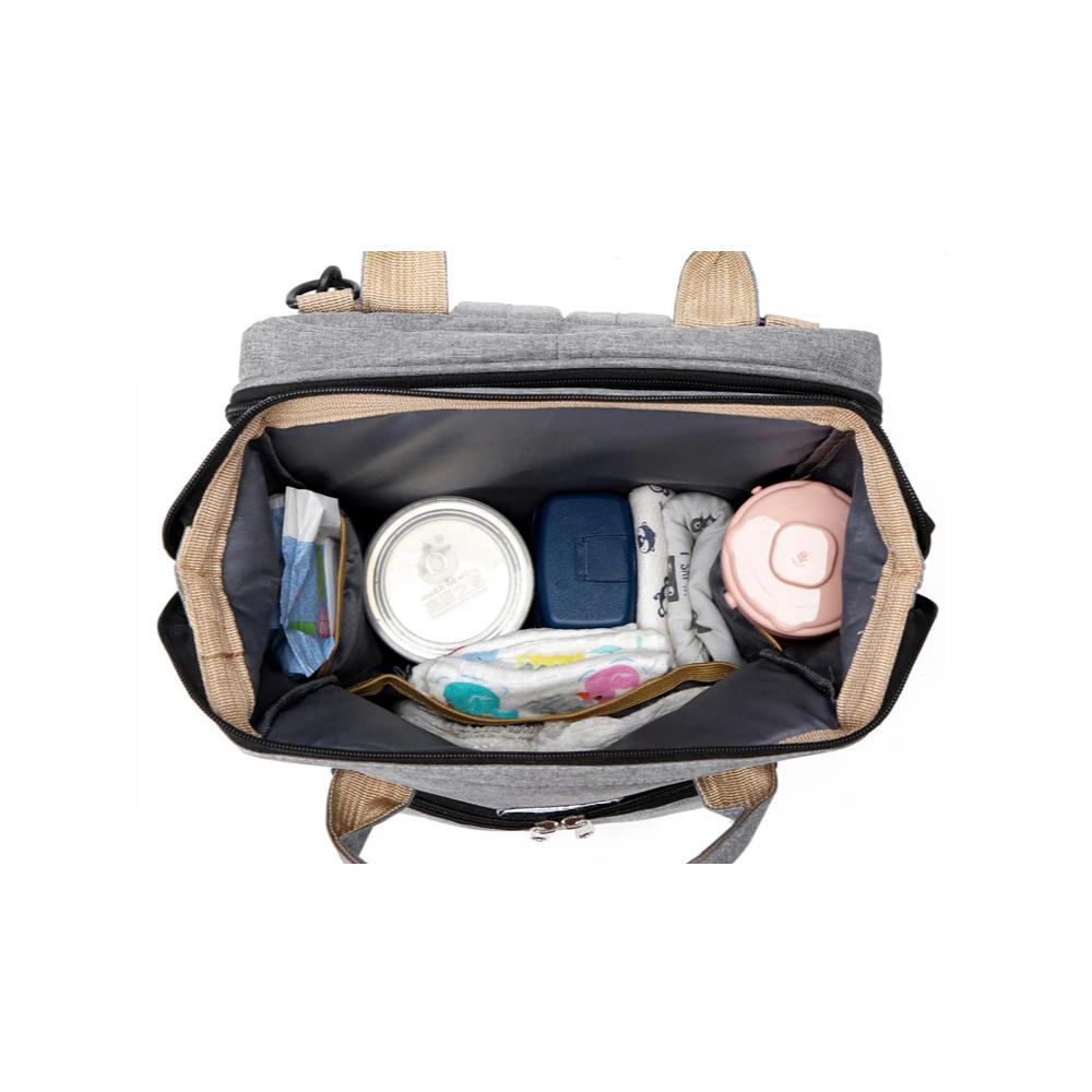 Yellow Pandora stroller diaper bag with built-in baby bed, featuring multiple compartments and a convenient design for parent on-the-go.