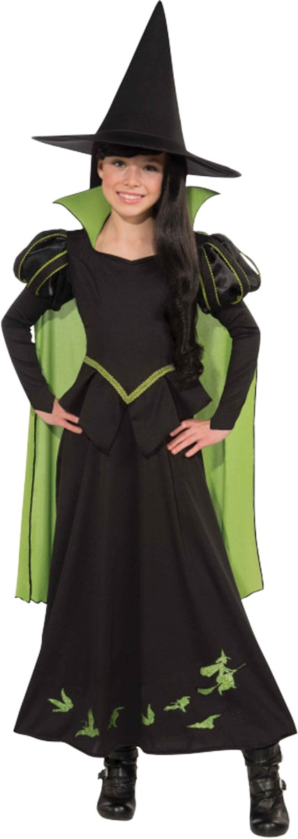 Child wearing Rose Chloe Wizard Oz Wicked Witch costume by Morris Costumes, size large, featuring witch hat and green dress.
