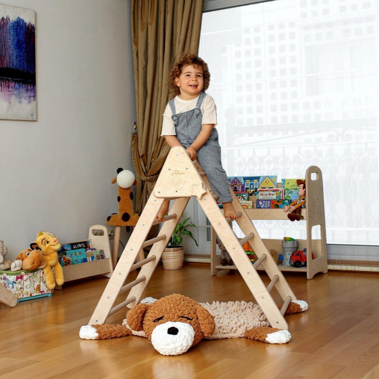 Red Oceanus Montessori Triangle Climber Set in three sizes, wooden furniture designed for children&