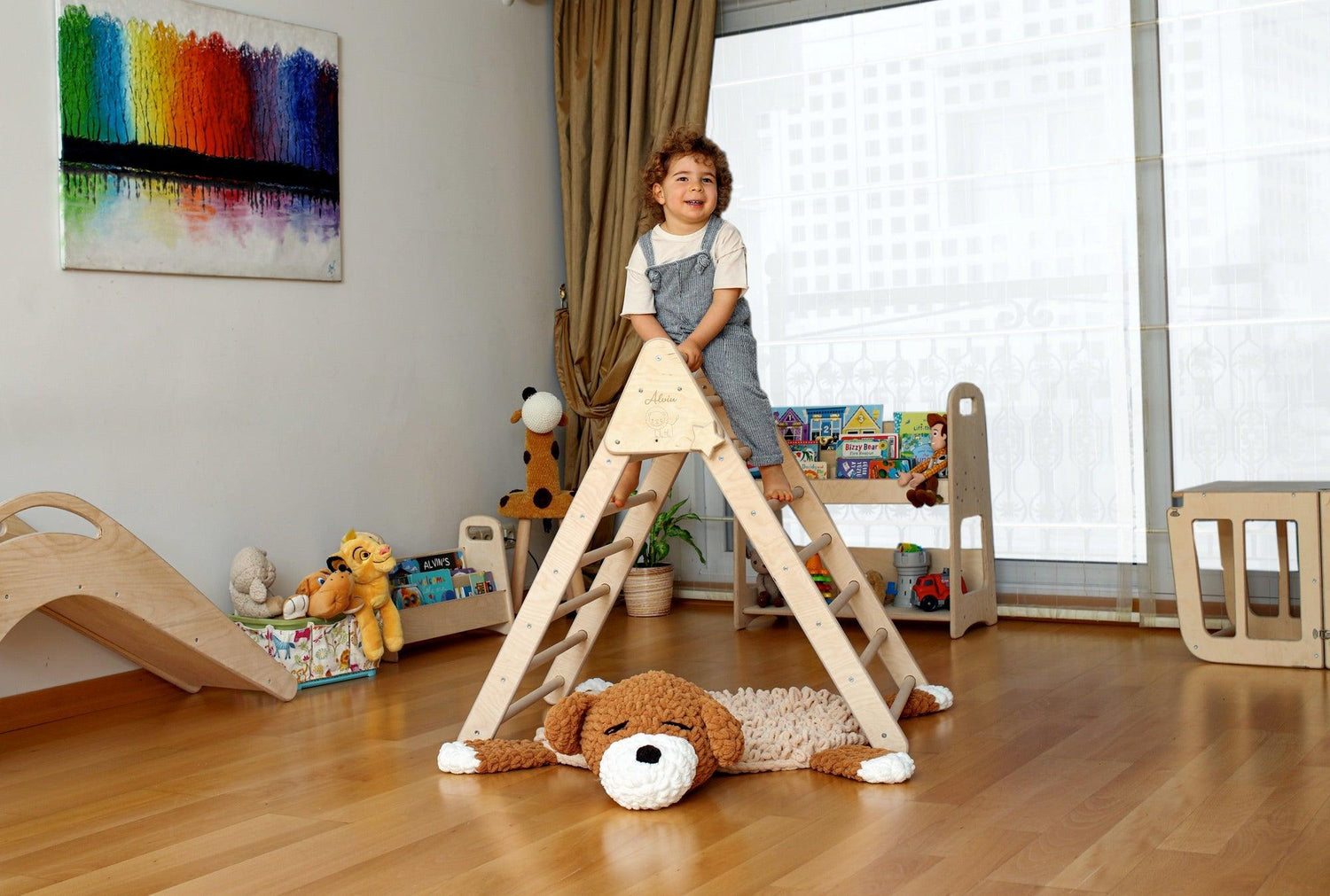 Red Oceanus climbing triangle with tent cover, mat, and ramp, showcasing colorful children&