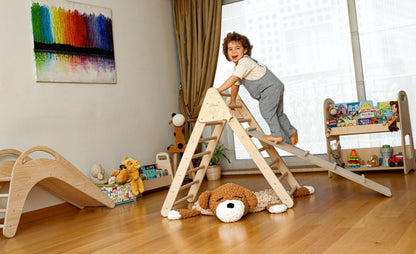 Red Oceanus Montessori Triangle Climber Set in three sizes, sturdy wooden furniture with smooth edges and natural finish for children&
