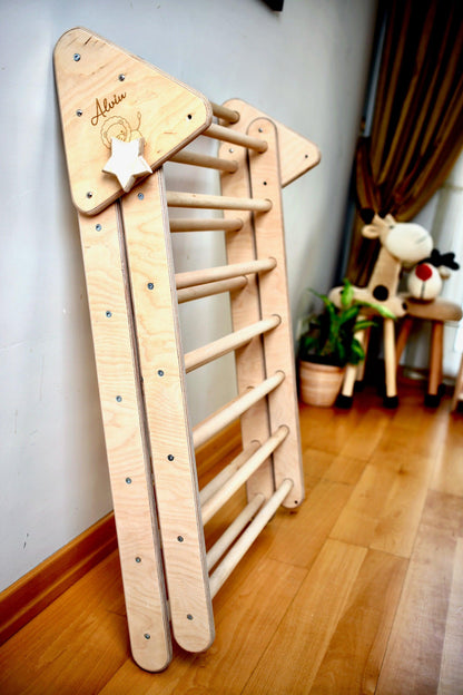 Red Oceanus foldable climbing triangle with ramp, sturdy wooden furniture for kids&