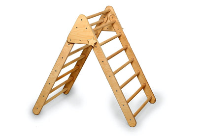 Foldable Red Oceanus climbing triangle with ramp, child’s furniture for play and development, shown in a folded and unfolded position.